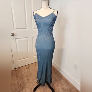 White House Black Market Spaghetti Strap Dress Blue with Silver Beading